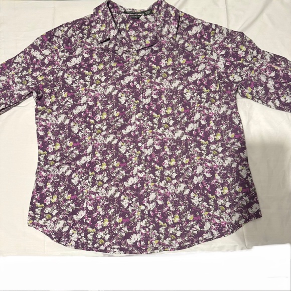 woman stretch wrinkle resistant floral purple / green long sleeve polo shirt - Picture 1 of 8
